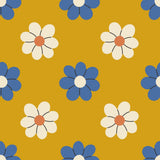 a repeating pattern of blue and white flowers against a yellow background.