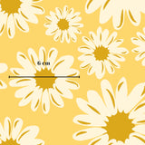 a repeating pattern of white daisy-like flowers against a yellow background.