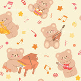 The image is a repeating pattern of cartoon teddy bears playing musical instruments, such as a piano, guitar, and drums, against a light background with musical notes and stars.
