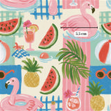 The image is a vibrant and colorful collage featuring various tropical elements such as watermelon, pineapple, flamingos, sunglasses, and a beach ball.