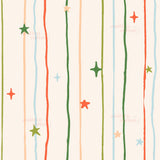 a repeating pattern of vertical lines and small stars in various colors, including green, orange, and red.