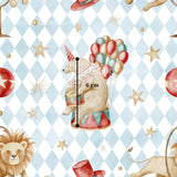 The image is a vibrant and whimsical pattern featuring a circus bear, a lion, and various circus-themed elements such as balloons, stars, and a red hat.