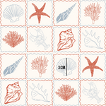 a red and white drawing of seashells and starfish