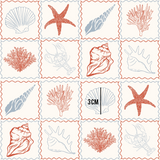 a red and white drawing of seashells and starfish