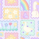 The image is a colorful and whimsical collage featuring various shapes, patterns, and illustrations, including flowers, a rainbow, a butterfly, a duck, and a sun.