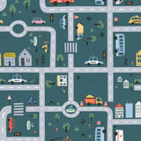 The image is a colorful and whimsical street map featuring various vehicles, buildings, and trees.