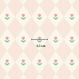a repeating pattern of pink flowers and green leaves on a light pink background, with a ruler indicating the size of the pattern.