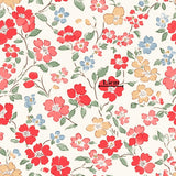 The image is a repeating pattern of various colorful flowers and leaves, including red, pink, blue, and yellow flowers, against a light background.