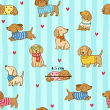 a repeating pattern of cartoon-style dachshunds wearing colorful sweaters and accessories, such as scarves and hats, against a blue striped background with red hearts scattered throughout.