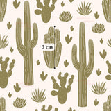 a repeating pattern of various cacti and succulents, including saguaro cacti and aloe vera plants, all depicted in a stylized, graphic manner.