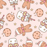 a repeating pattern of various cute and whimsical objects, including cookies, a gingerbread man, a cup, and stars, all set against a pink background.