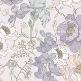 The image is a repeating pattern of various flowers and plants in shades of purple, white, and pink against a light purple background.