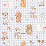 a repeating pattern of cartoon-style dogs wearing bows and flowers, with a ruler indicating the size of the dogs in the image.