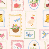 a repeating pattern of various spring-themed illustrations, including flowers, insects, and animals.