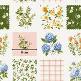 The image is a collage of various floral and geometric patterns, including flowers, leaves, and checkered designs.