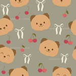 a pattern of a teddy bear with cherries on a gray background