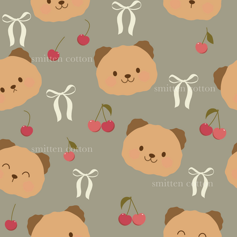 a pattern of a teddy bear with cherries on a gray background