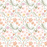 a pink and green floral pattern on a white background