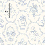 The image is a repeating pattern of various objects, including a duck, a basket of fruit, a vase, and a bird, all encircled by a rope. The objects are depicted in a simple, stylized manner, creating a harmonious and visually appealing design.