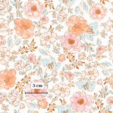 a repeating pattern of various flowers and leaves in shades of pink, orange, and blue. The pattern is composed of different types of flowers and leaves, creating a visually appealing and intricate design. The image is not a single photograph but rather a collection of images that come together to form a larger pattern. The image does not contain any text or specific actions, and the overall composition is simple and elegant.