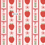 a repeating pattern of red strawberries, pink flowers, and green leaves on a pink background.