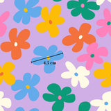 a repeating pattern of colorful flowers on a purple background.