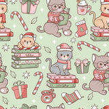 The image is a seamless pattern featuring various Christmas-themed elements, including cats, books, gift boxes, candy canes, and other festive decorations.