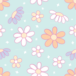 a blue background with pink and yellow flowers