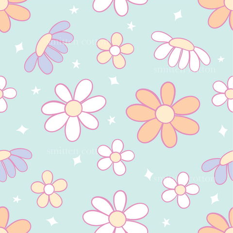 a blue background with pink and yellow flowers