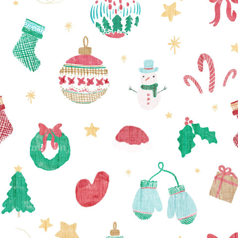 various Christmas-themed objects, including a Christmas tree, stockings, ornaments, a snowman, candy canes, a wreath, a gift, and mittens.