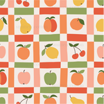 a pattern of apples and oranges on a checkered background