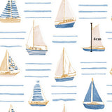 a variety of sailboats with different designs and sizes, all set against a white background with blue stripes.