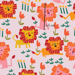 a pattern of lions and flowers on a pink background