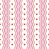 a repeating pattern of pink and white wavy lines with red heart shapes scattered throughout.