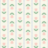 a repeating pattern of pink and green flowers with green leaves, creating a visually pleasing and harmonious design.