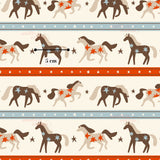 a repeating pattern of stylized horses and stars on a white background.