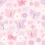 a pink background with butterflies and flowers
