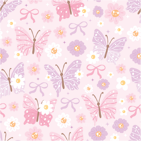a pink background with butterflies and flowers