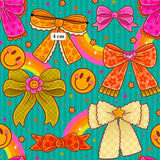 The image is a vibrant and playful collage featuring a variety of bows and smiley faces in a variety of colors, including pink, yellow, orange, and green. The bows are arranged in a repeating pattern, creating a visually appealing and cheerful composition.