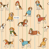 a repeating pattern of cartoon-style illustrations of beagle dogs wearing various outfits, including sweaters and hats.