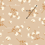 a repeating pattern of white flowers on brown branches, with a measurement line indicating the size of the flowers.