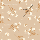 a repeating pattern of white flowers on brown branches, with a measurement line indicating the size of the flowers.