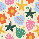 The image is a vibrant and playful pattern featuring various colorful flowers, starfish, leaves, and seashells arranged in a repeating design.