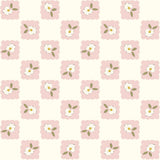 a repeating pattern of pink flowers with green leaves, arranged in a grid-like fashion.