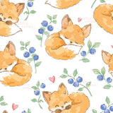 a repeating pattern of cartoon-style illustrations of sleeping foxes, along with blueberries and leaves.