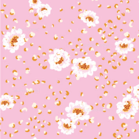 a pink background with white flowers and gold dots