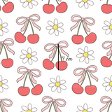 a pattern with cherries and daisies on a white background