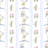 a repeating pattern of cartoon-style illustrations of ducks, flowers, and ribbons. The ducks are wearing bows and are surrounded by various flowers and leaves. The pattern is composed of vertical lines and curves, creating a whimsical and playful design.