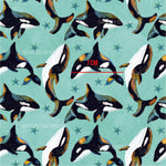 an orca killer whale is depicted in this watercolor painting