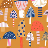 The image is a vibrant and playful collection of various mushroom-like shapes and patterns, each with its own unique design and color scheme. The mushrooms are arranged in a visually appealing manner, creating a sense of harmony and balance. The image does not contain any text or specific objects, and the relative positions of the mushrooms to each other suggest a well-organized composition.